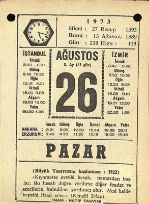 26 Ağustos 1973 Takvim Yaprağı - Doğum Günü Hediyesi EFM(N)10126 - 2