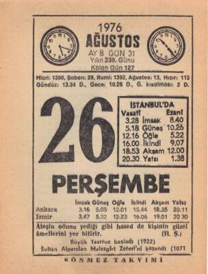 26 Ağustos 1976 Takvim Yaprağı EFM(N)2511 - 3