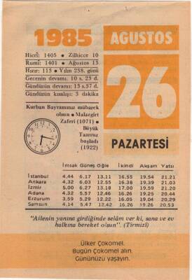 26 Ağustos 1985 Takvim Yaprağı EFM(N)2513 - 3