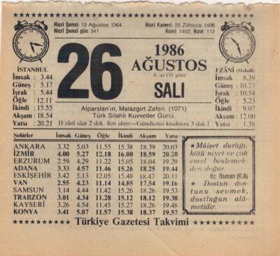 26 Ağustos 1986 Takvim Yaprağı EFM(N)2514 - 3