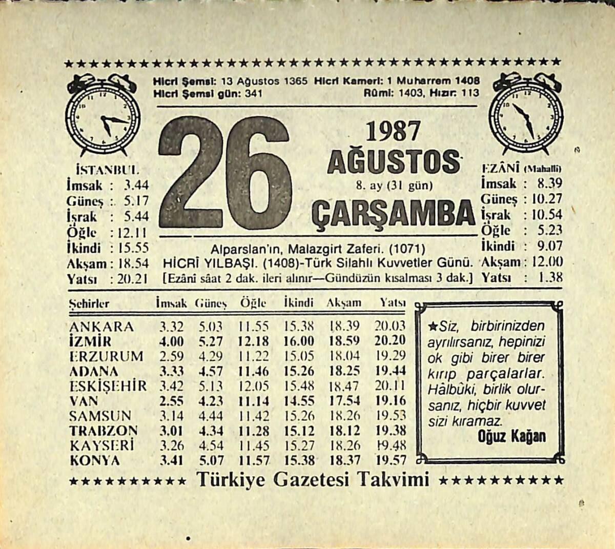 26 Ağustos 1987 Takvim Yaprağı - Doğum Günü Hediyesi EFMN13869 - 1