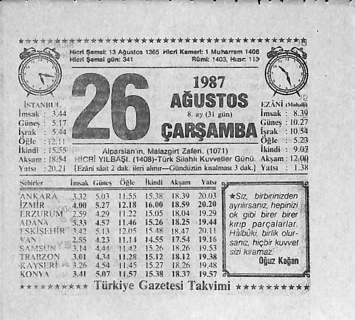 26 Ağustos 1987 Takvim Yaprağı - Doğum Günü Hediyesi EFMN13930 - 1