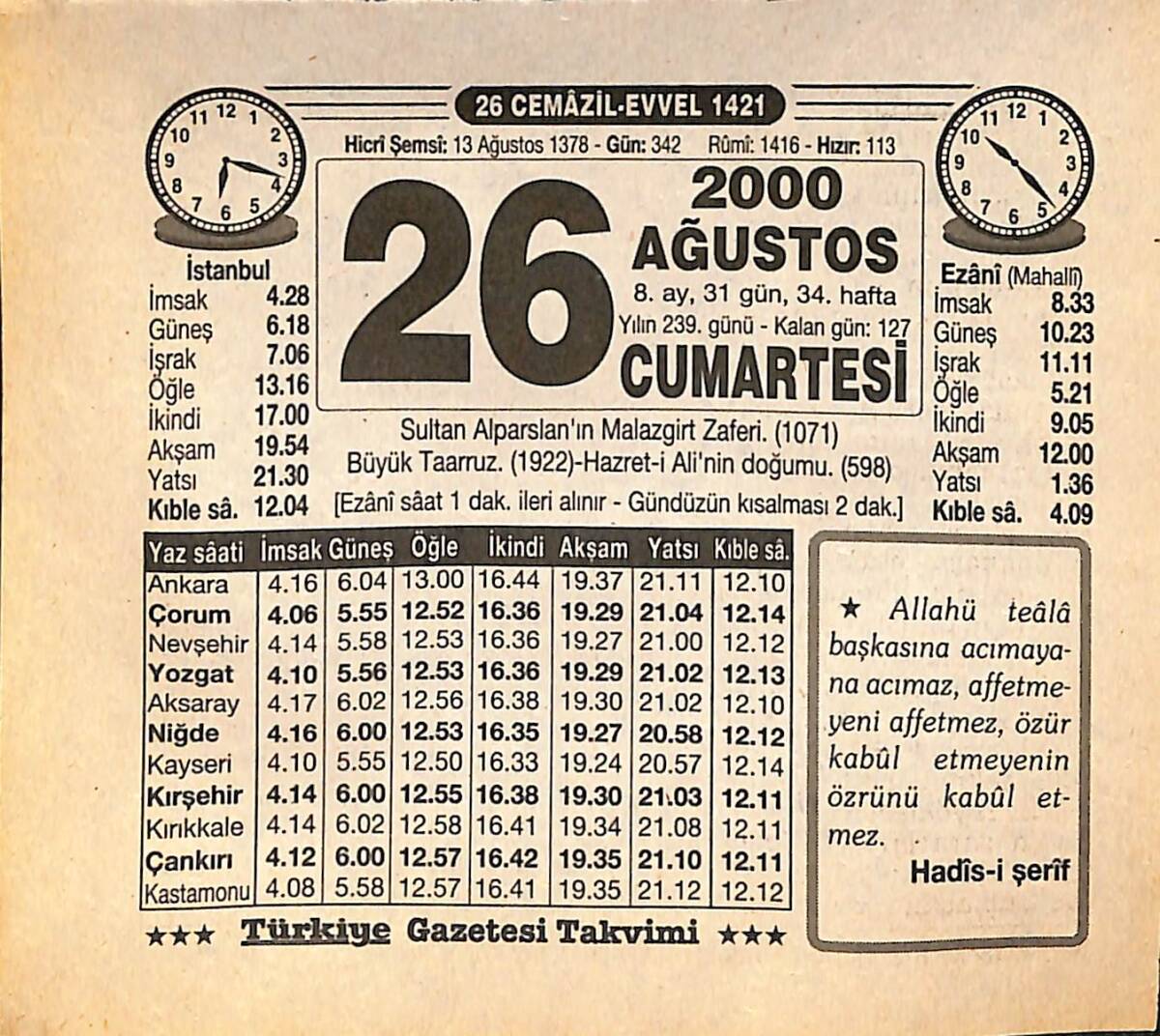 26 Ağustos 2000 Takvim Yaprağı - Doğum Günü Hediyesi EFMN14265 - 1