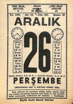 26 Aralık 1968 Takvim Yaprağı - Doğum Günü Hediyesi EFM(N)11051 - 1