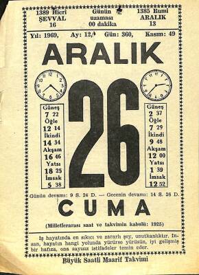26 Aralık 1969 Takvim Yaprağı - Doğum Günü Hediyesi EFM(N)11631 - 1