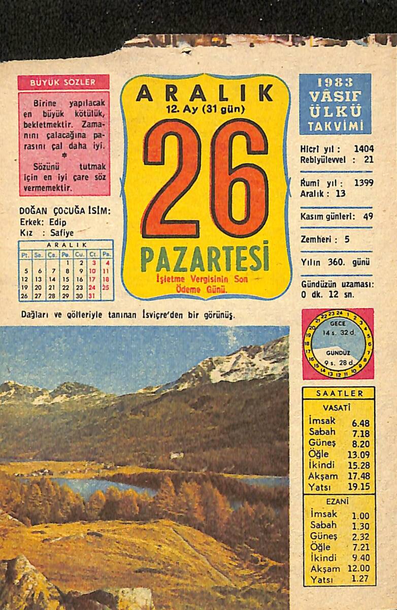 26 Aralık 1983 Takvim Yaprağı - Doğum Günü Hediyesi EFMN13696 - 1
