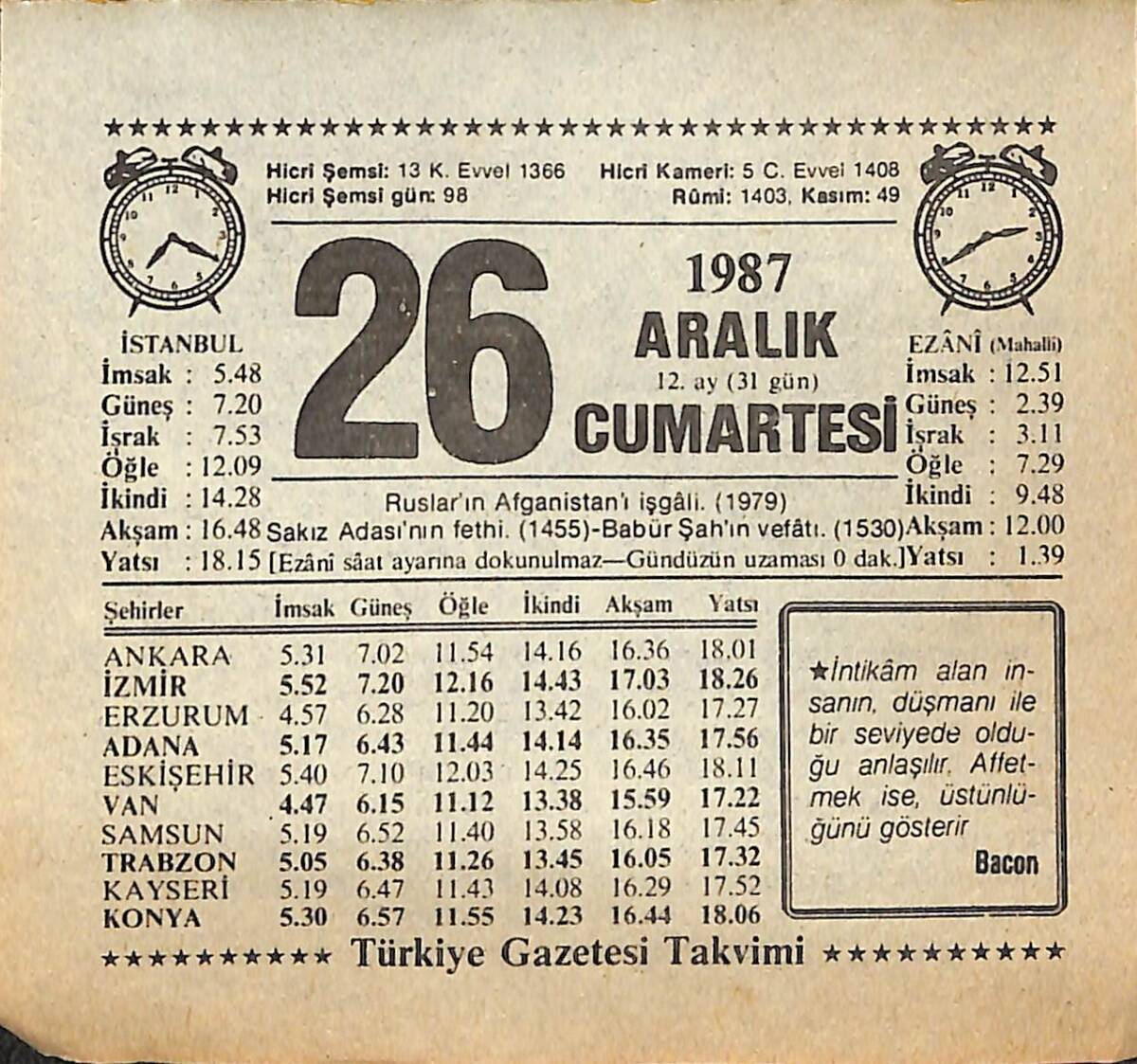 26 Aralık 1987 Takvim Yaprağı - Doğum Günü Hediyesi EFMN14985 - 1