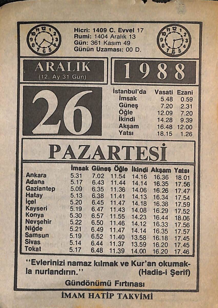 26 Aralık 1988 Takvim Yaprağı - Doğum Günü Hediyesi EFMN14574 - 1