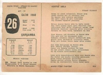 26 Ekim 1960 Ajans Türk Takvim Yaprağı (Şiirli Saatli) EFM(N) 1763 - 3