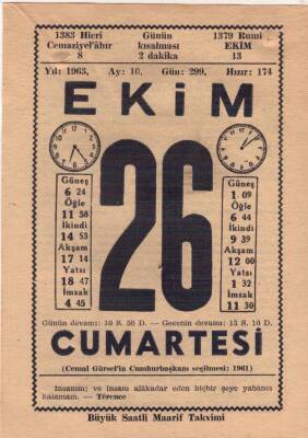 26 Ekim 1963 Takvim Yaprağı EFM(N)3574 - 2