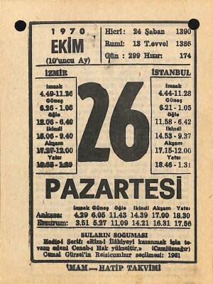 26 Ekim 1970 Takvim Yaprağı - Doğum Günü Hediyesi EFM(N)10556 - 2