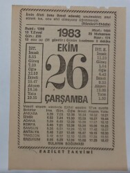 26 Ekim 1983 Takvim Yaprağı - Doğum Günü Hediyesi EFM(N)6730 - Gökçekoleksiyon