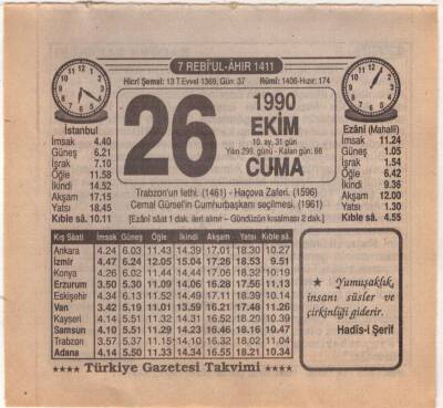 26 Ekim 1990 Takvim Yaprağı EFM(N)3151 - 2