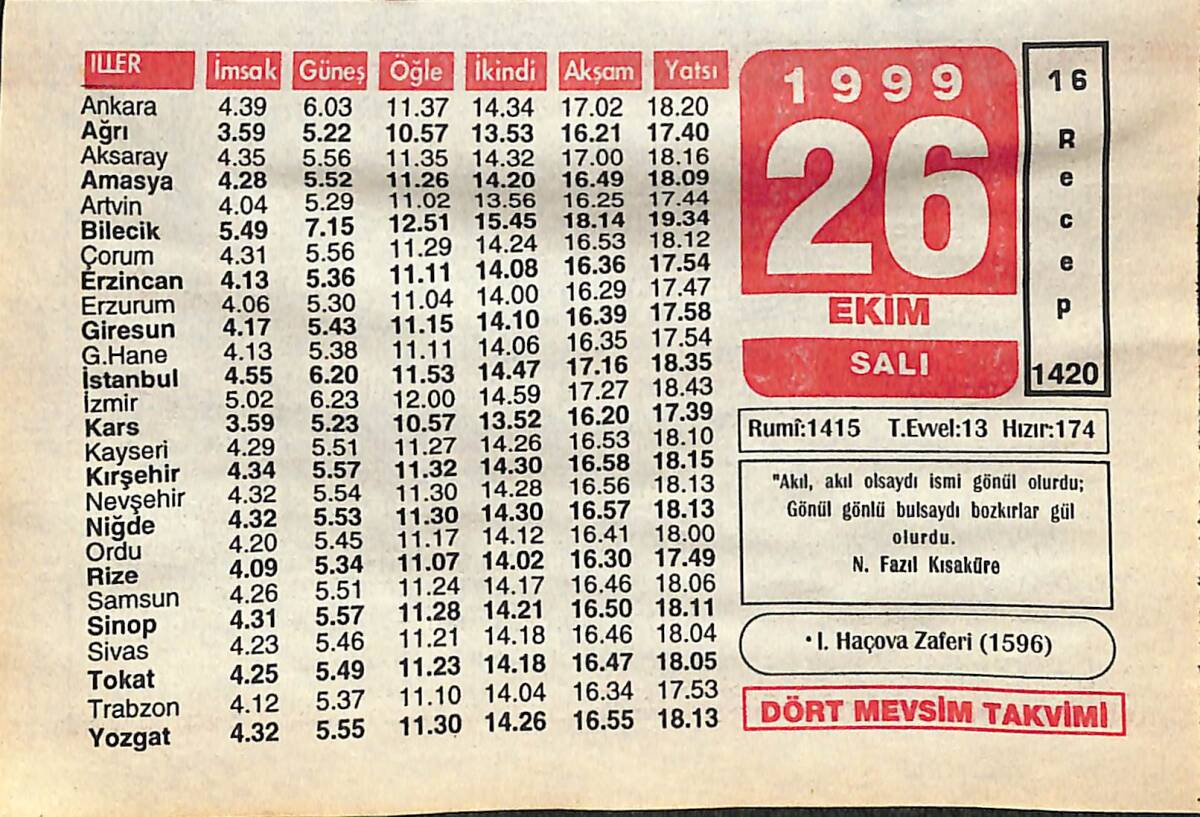 26 Ekim 1999 Takvim Yaprağı - Doğum Günü Hediyesi EFMN14061 - 1