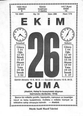 26 Ekim 2001 Takvim Yaprağı - Doğum Günü Hediyesi EFM(N)10493 - 2