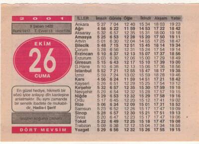 26 Ekim 2001 Takvim Yaprağı EFM(N)3747 - 1