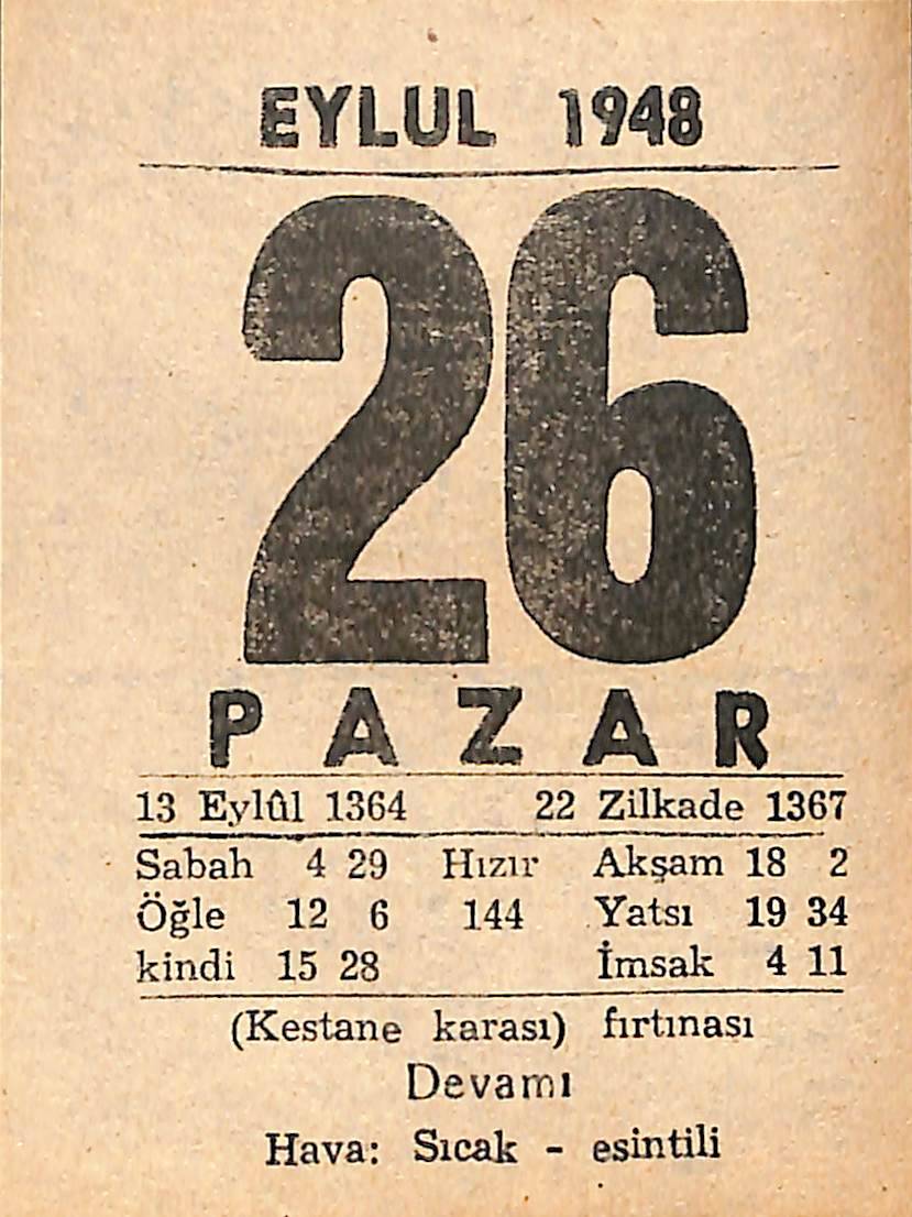 26 Eylül 1948 Takvim Yaprağı - Doğum Günü Hediyesi EFMN14381 - 1