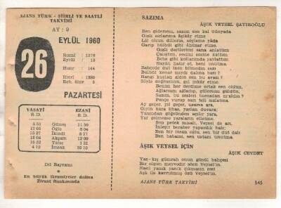 26 Eylül 1960 Ajans Türk Takvim Yaprağı (Şiirli Saatli) EFM(N) 1733 - 2