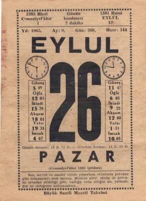26 Eylül 1965 Takvim Yaprağı EFM(N)3639 - 3