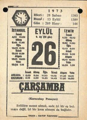 26 Eylül 1973 Takvim Yaprağı - Doğum Günü Hediyesi EFM(N)9872 - 2