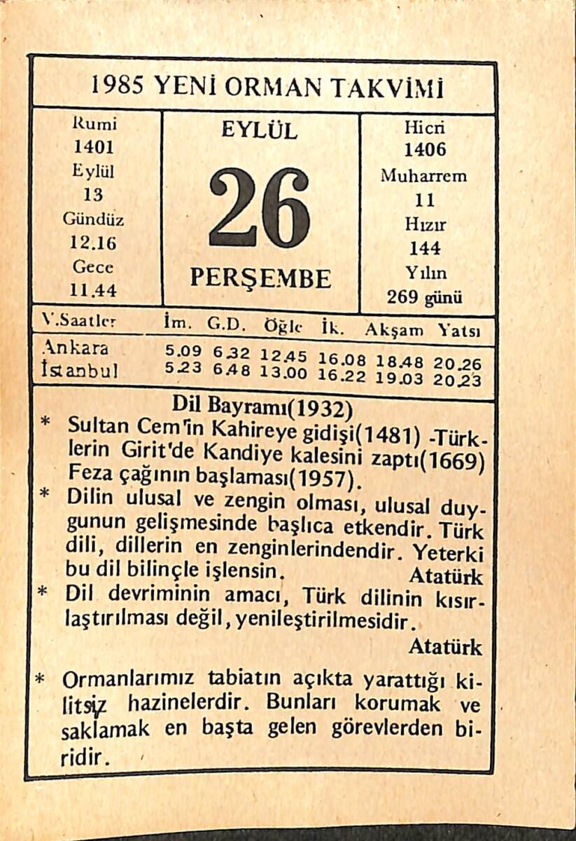 26 Eylül 1985 Takvim Yaprağı - Doğum Günü Hediyesi EFMN14973 - 1
