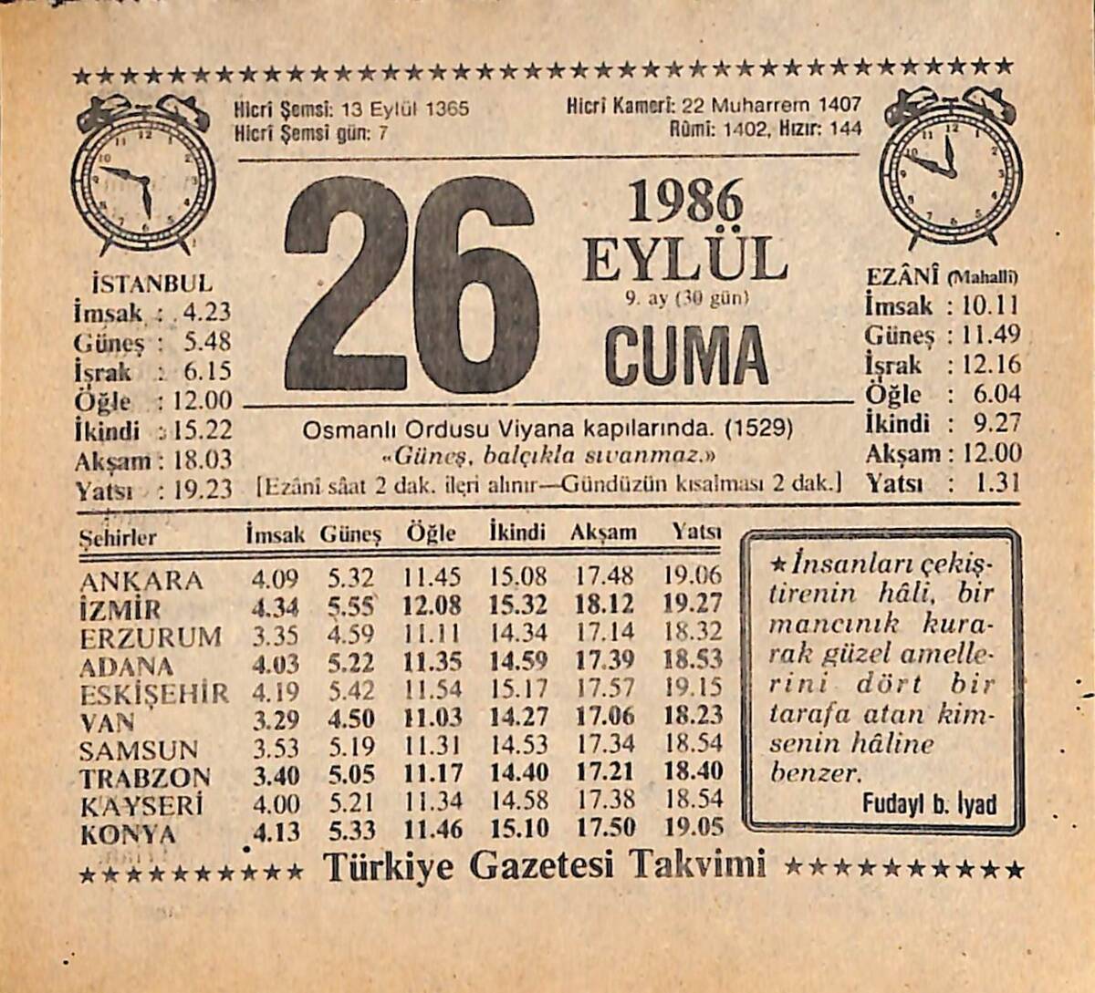 26 Eylül 1986 Takvim Yaprağı - Doğum Günü Hediyesi EFMN14935 - 1