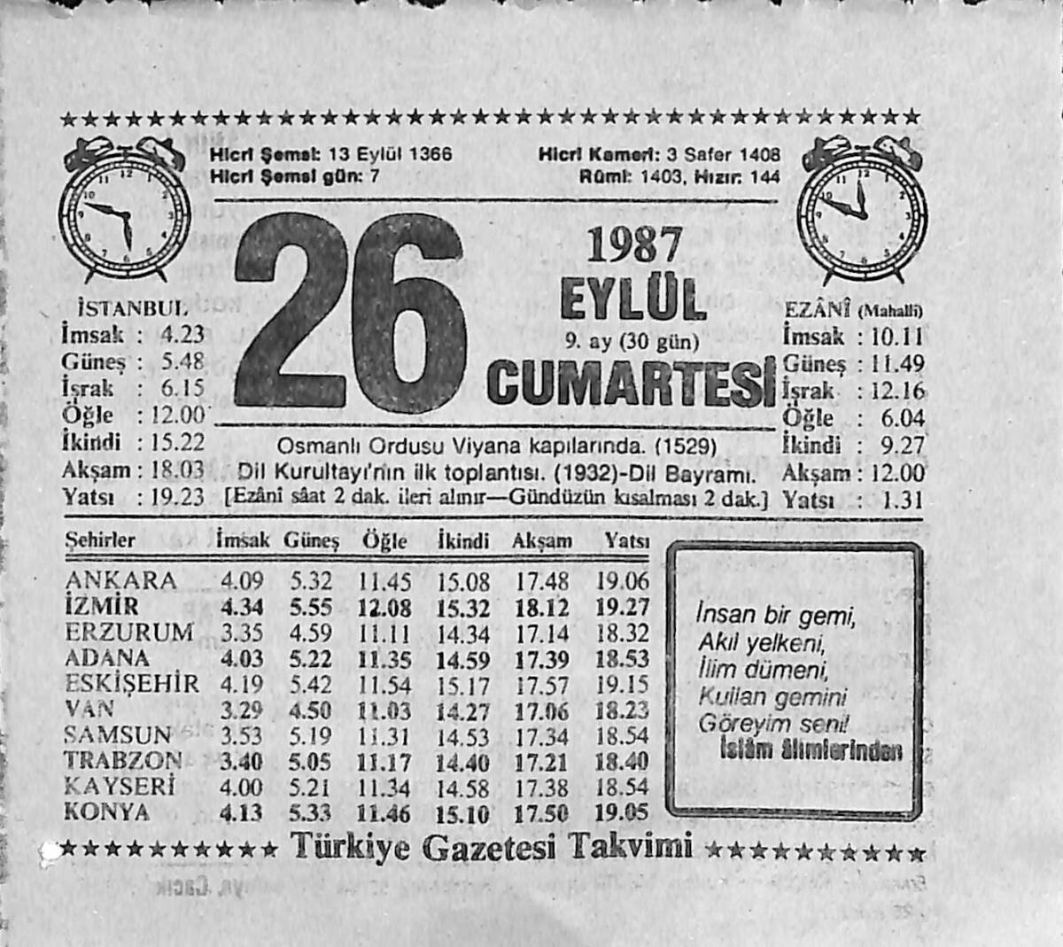 26 Eylül 1987 Takvim Yaprağı - Doğum Günü Hediyesi EFMN13961 - 1