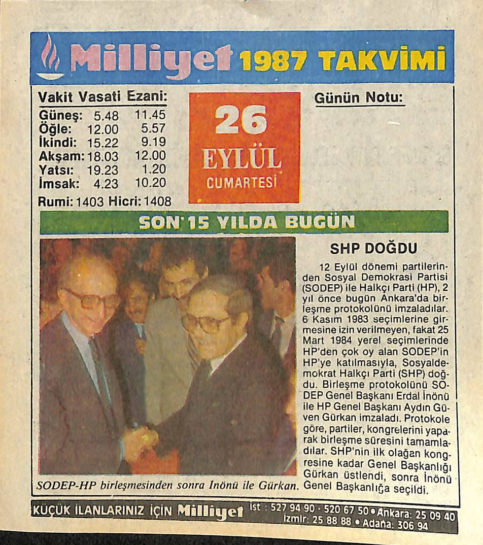26 Eylül 1987 Takvim Yaprağı - Doğum Günü Hediyesi EFMN14143 - 1