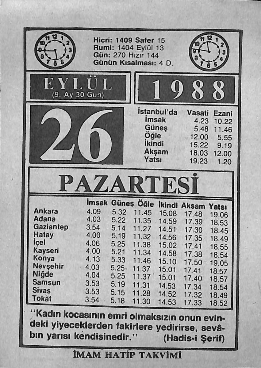 26 Eylül 1988 Takvim Yaprağı - Doğum Günü Hediyesi EFMN14665 - 1