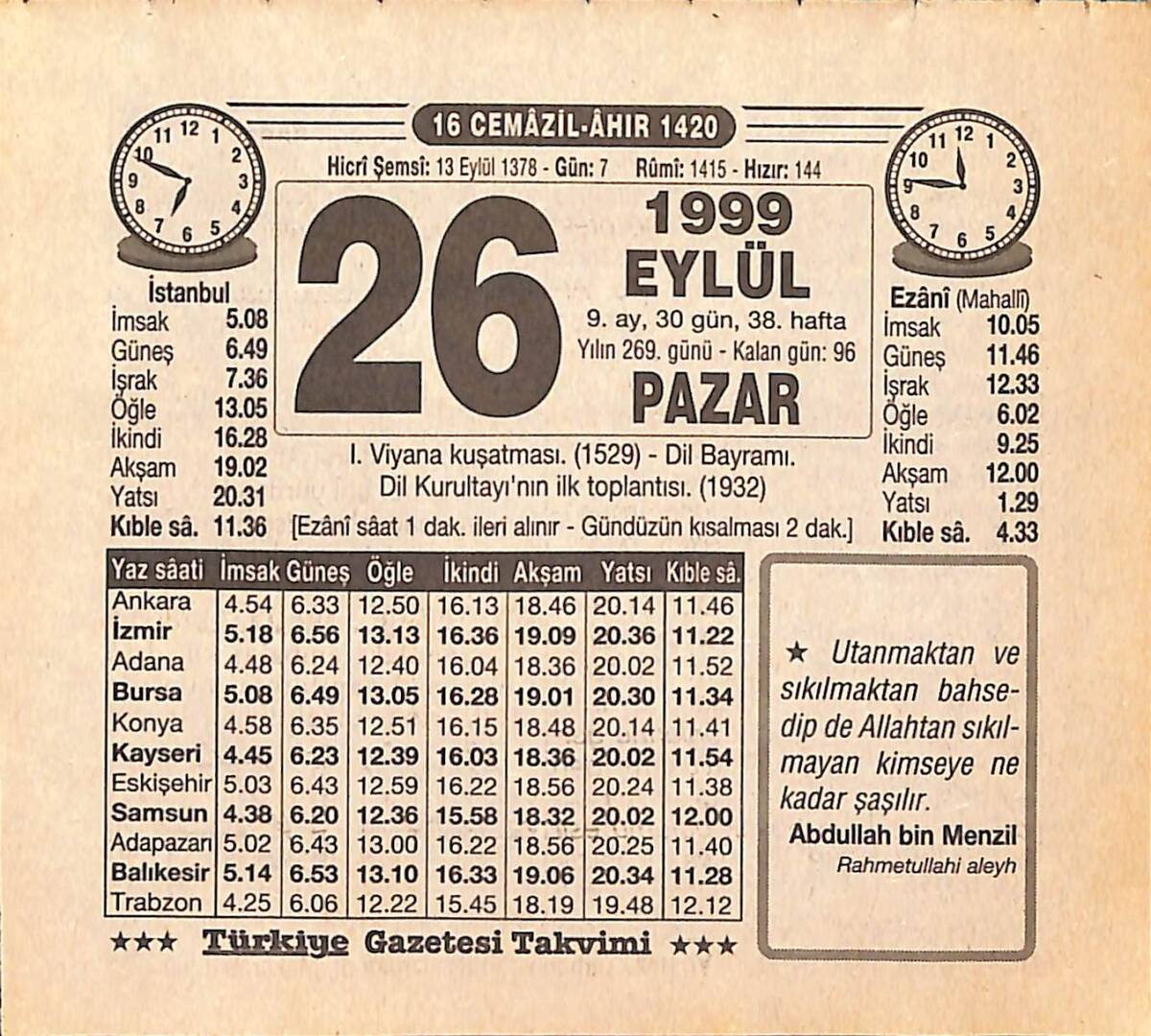 26 Eylül 1999 Takvim Yaprağı - Doğum Günü Hediyesi EFMN15481 - 1