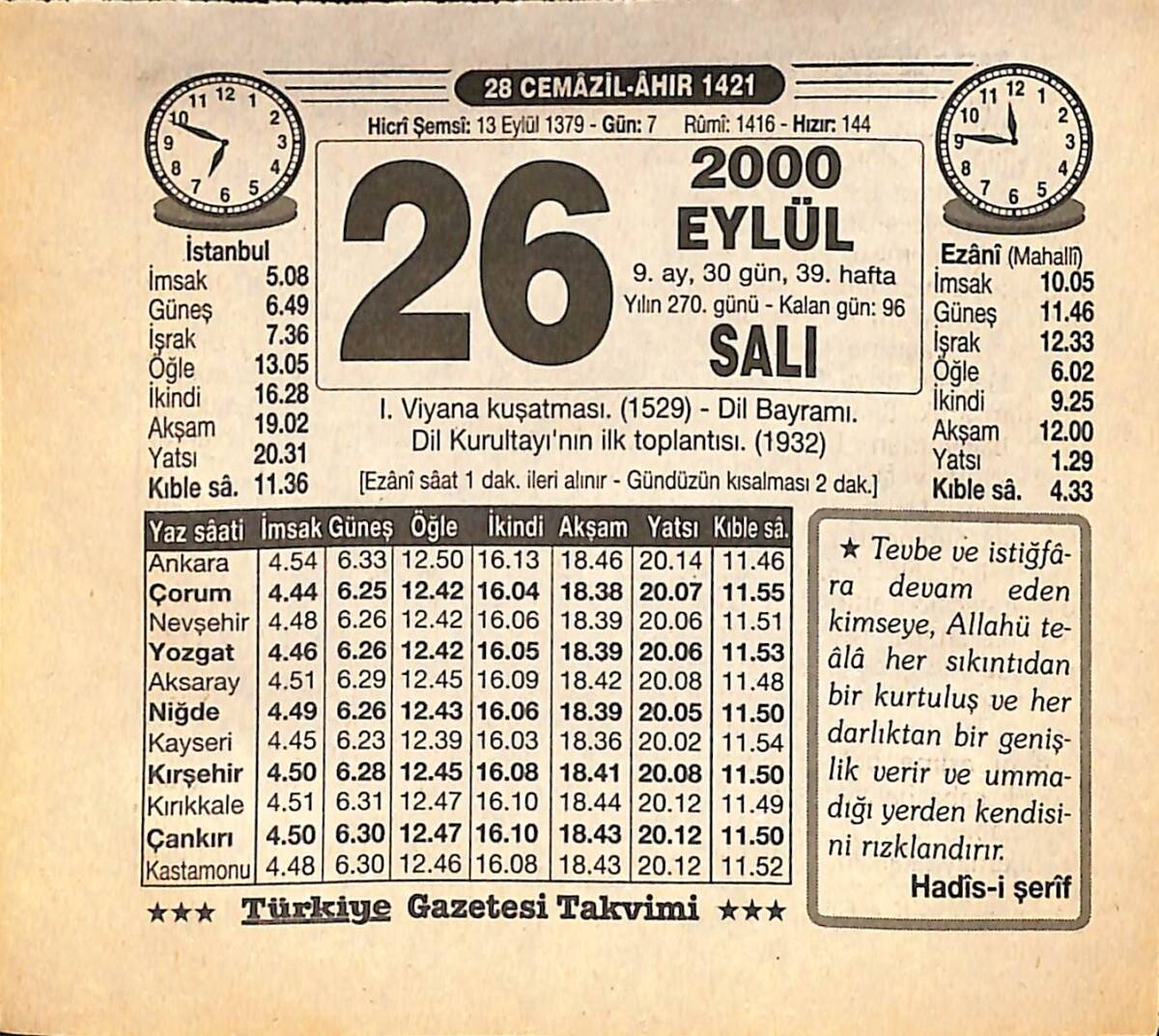 26 Eylül 2000 Takvim Yaprağı - Doğum Günü Hediyesi EFMN14234 - 1