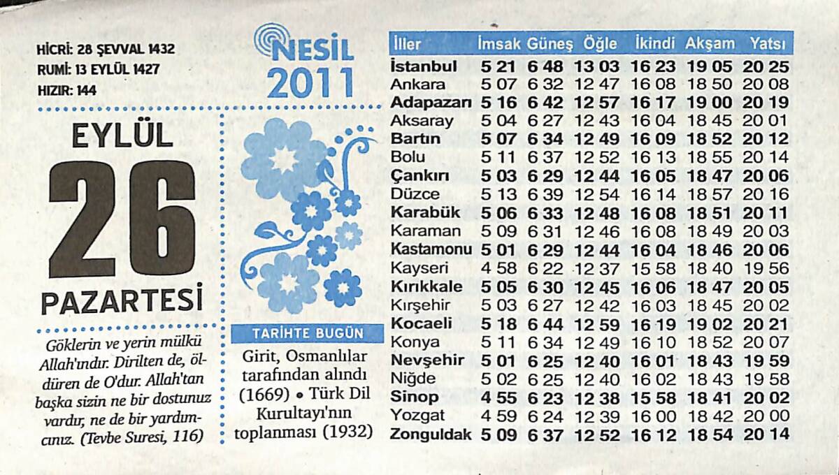 26 Eylül 2011 Takvim Yaprağı - Doğum Günü Hediyesi EFMN14372 - 1