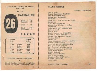 26 Haziran 1960 Ajans Türk Takvim Yaprağı (Şiirli Saatli) EFM(N)1643 - 2