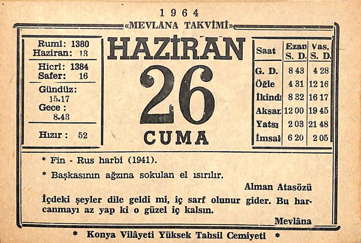 26 Haziran 1964 Takvim Yaprağı - Doğum Günü Hediyesi EFMN15556 - 1