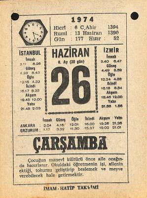 26 Haziran 1974 Takvim Yaprağı - Doğum Günü Hediyesi EFM(N)12135 - 1