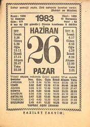 26 Haziran 1983 Takvim Yaprağı - Doğum Günü Hediyesi EFMN15399 - Gökçekoleksiyon