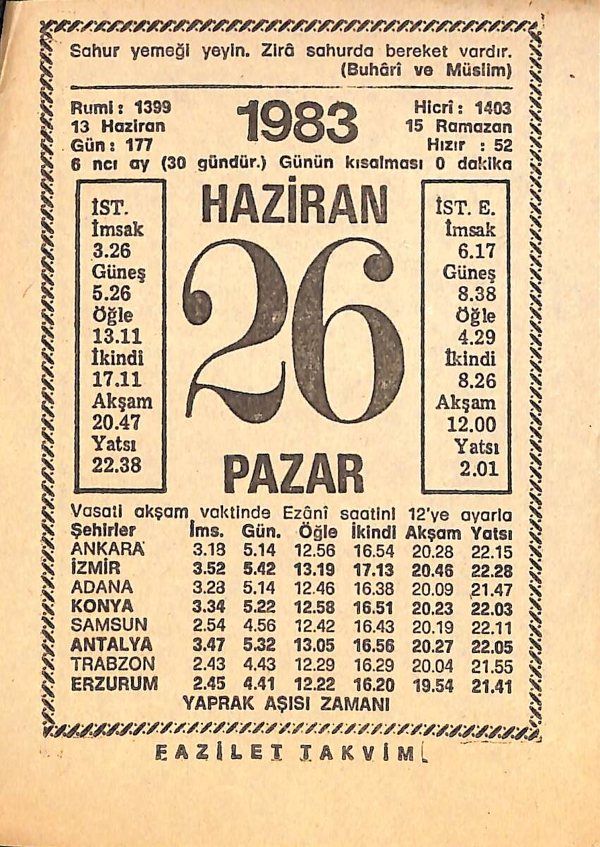 26 Haziran 1983 Takvim Yaprağı - Doğum Günü Hediyesi EFMN15399 - 1