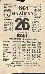 26 Haziran 1984 Takvim Yaprağı - Doğum Günü Hediyesi EFM(N)11391 - Gökçekoleksiyon
