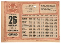 26 Haziran 1986 Takvim Yaprağı EFM1025 - 1