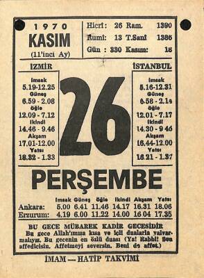 26 Kasım 1970 Takvim Yaprağı - Doğum Günü Hediyesi EFM(N)10758 - 3
