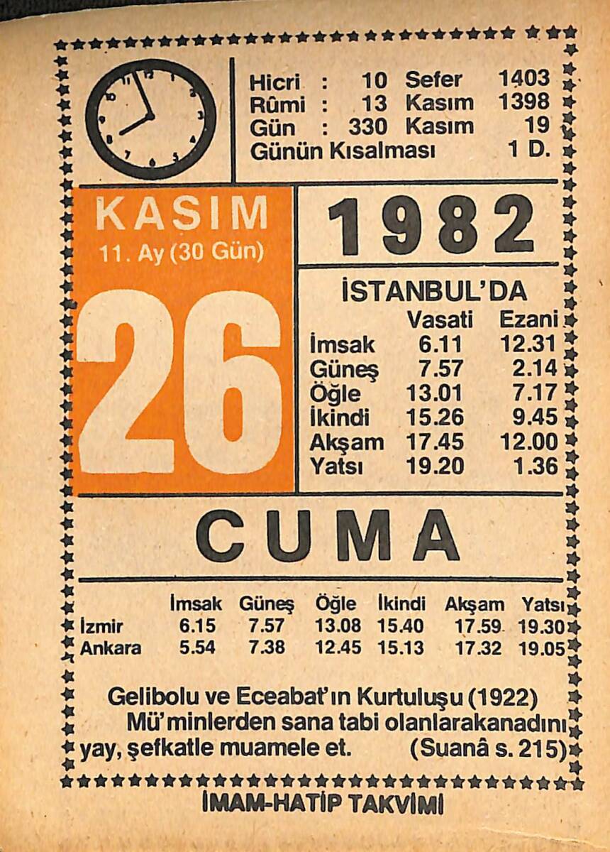 26 Kasım 1982 Takvim Yaprağı - Doğum Günü Hediyesi EFMN15965 - 1