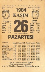 26 Kasım 1984 Takvim Yaprağı - Doğum Günü Hediyesi EFMN14528 - Gökçekoleksiyon