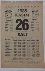 26 Kasım 1985 Takvim Yaprağı - Doğum Günü Hediyesi EFM(N)6702 - Gökçekoleksiyon