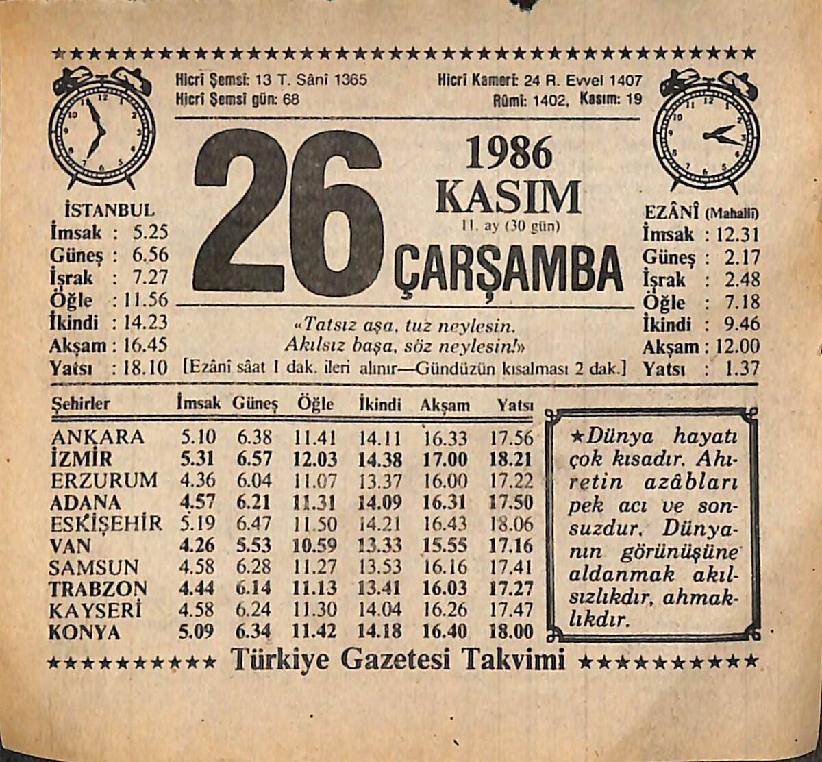 26 Kasım 1986 Takvim Yaprağı - Doğum Günü Hediyesi EFMN14877 - 1