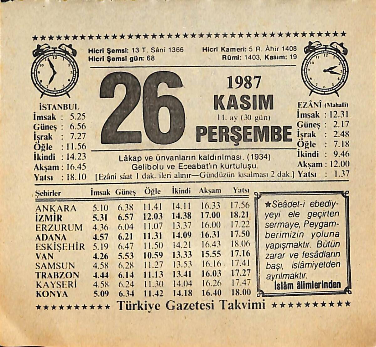 26 Kasım 1987 Takvim Yaprağı - Doğum Günü Hediyesi EFMN15015 - 1