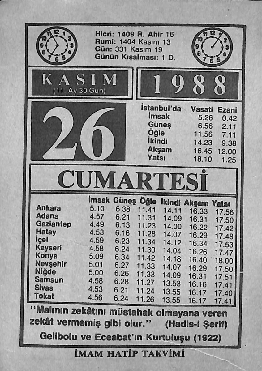 26 Kasım 1988 Takvim Yaprağı - Doğum Günü Hediyesi EFMN14604 - 1