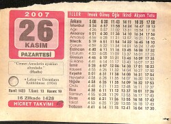 26 Kasım 2007 Takvim Yaprağı - Doğum Günü Hediyesi EFMN15995 - Gökçekoleksiyon