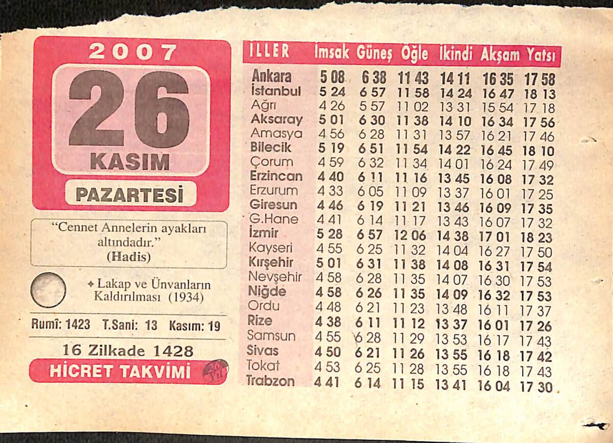 26 Kasım 2007 Takvim Yaprağı - Doğum Günü Hediyesi EFMN15995 - 1