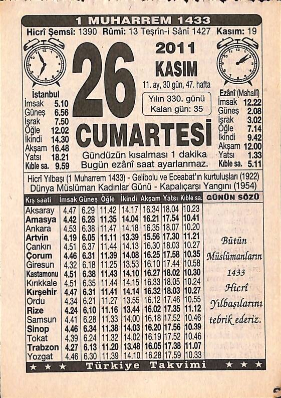 26 Kasım 2011 Takvim Yaprağı - Doğum Günü Hediyesi EFMN15263 - 1
