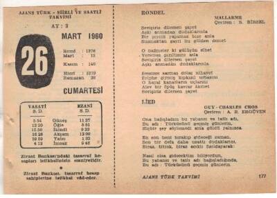 26 Mart 1960 Ajans Türk Takvim Yaprağı (Şiirli Saatli) EFM(N)1552 - 2